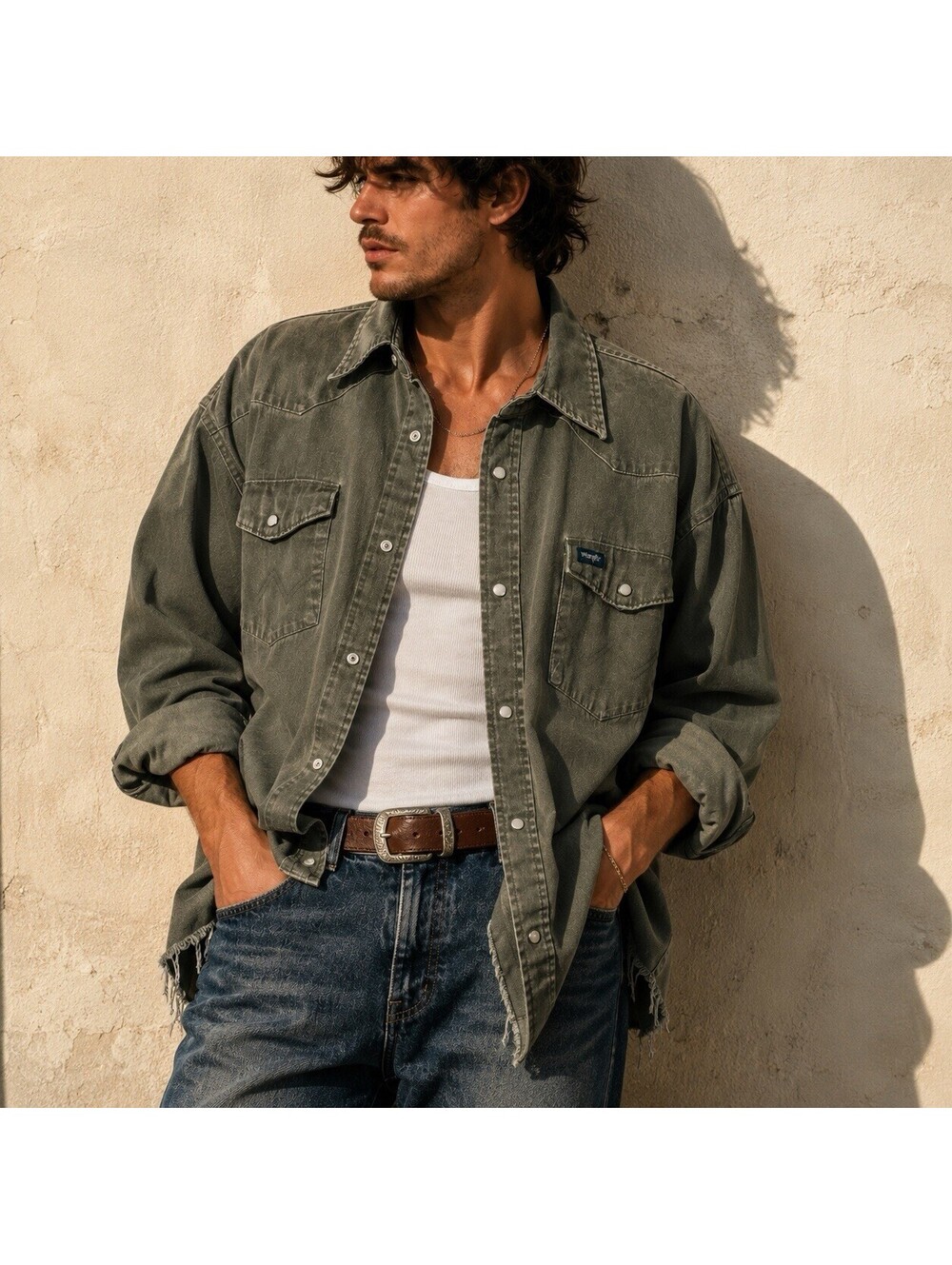 Wrangler Distressed Olive Pearl Snap Western Shirt 2XT Tall Raw Hem